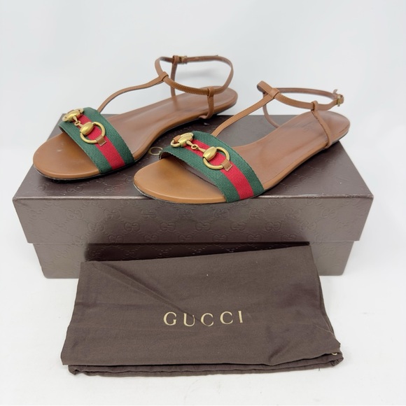 Gucci Women’s Horsebit T-Strap Web Stripe Sandals 39 - Picture 2 of 11